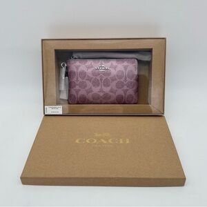 Coach Boxed Corner Zip Wristlet In Signature Canvas With Charms Silver Pink Rose